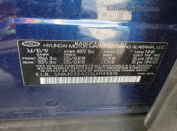 5NMS33AD2LH144818 2020 HYUNDAI SANTA Синий Вид наклейки с VIN-кодом