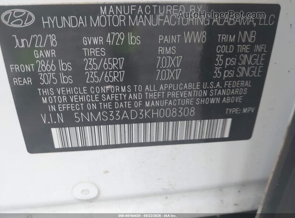 5NMS33AD3KH008308 2019 HYUNDAI SANTA FE White Շարժիչի բաժամունքի տեսք