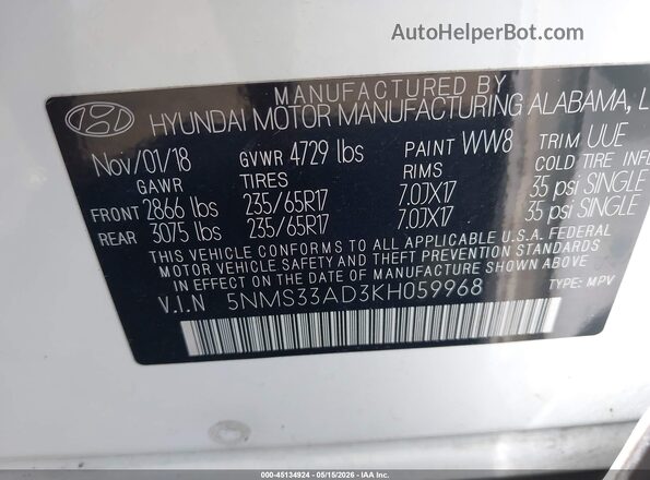 5NMS33AD3KH059968 2019 HYUNDAI SANTA FE White Widok komory silnika