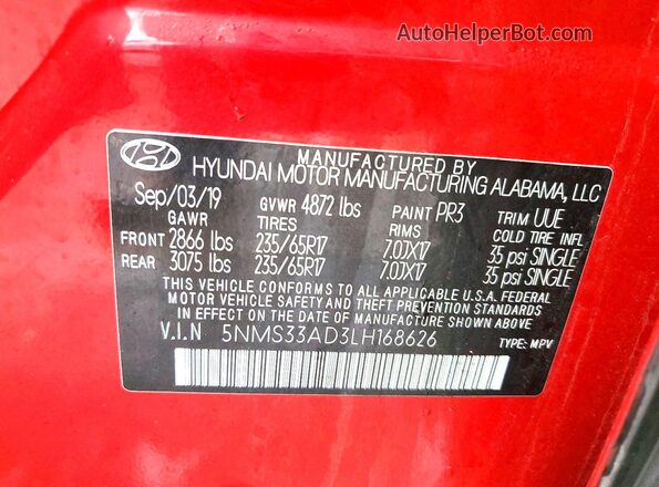 5NMS33AD3LH168626 2020 HYUNDAI SANTA Red VIN sticker view