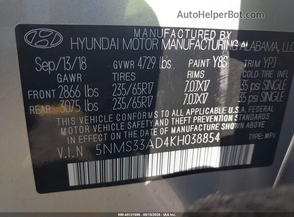 5NMS33AD4KH038854 2019 HYUNDAI SANTA FE Silver ძრავის განყოფილების ხედი