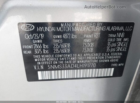 5NMS33AD4LH191770 2020 HYUNDAI SANTA FE Silver Engine compartment view
