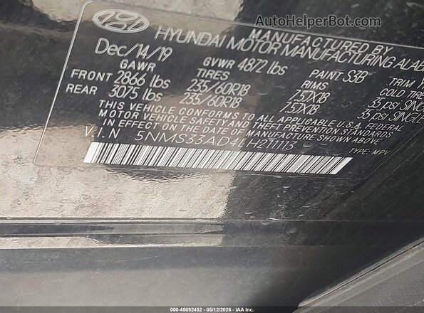 5NMS33AD4LH211113 2020 HYUNDAI SANTA FE Black Вид підкапотного простору