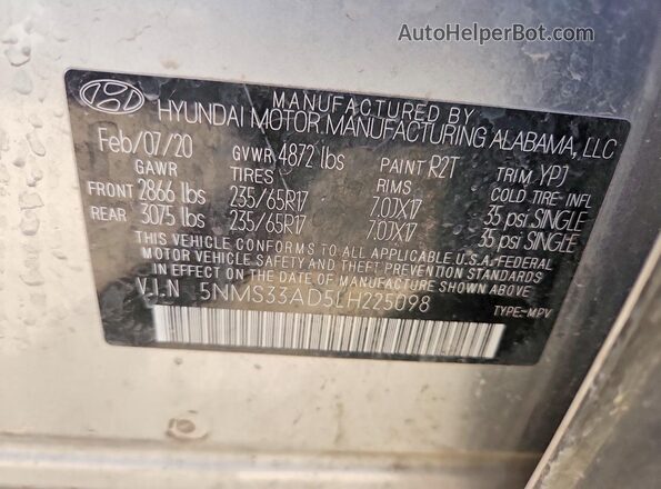 5NMS33AD5LH225098 2020 HYUNDAI SANTA Silver 