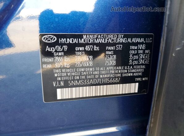 5NMS33AD7LH156687 2020 HYUNDAI SANTA Blue Widok wnętrza 360 stopni