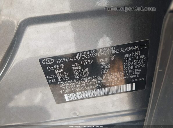 5NMS33AD8KH049842 2019 HYUNDAI SANTA FE Gray 
