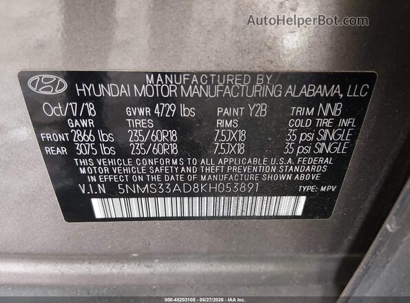 5NMS33AD8KH053891 2019 HYUNDAI SANTA FE Brown Engine compartment view