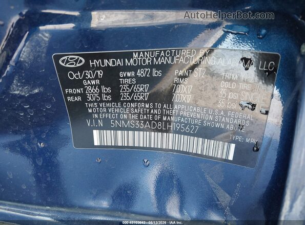 5NMS33AD8LH195627 2020 HYUNDAI SANTA FE Blue Widok komory silnika