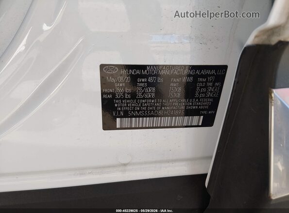 5NMS33AD8LH241893 2020 HYUNDAI SANTA FE Белый 