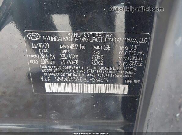 5NMS33AD8LH254515 2020 HYUNDAI SANTA FE Black Engine compartment view
