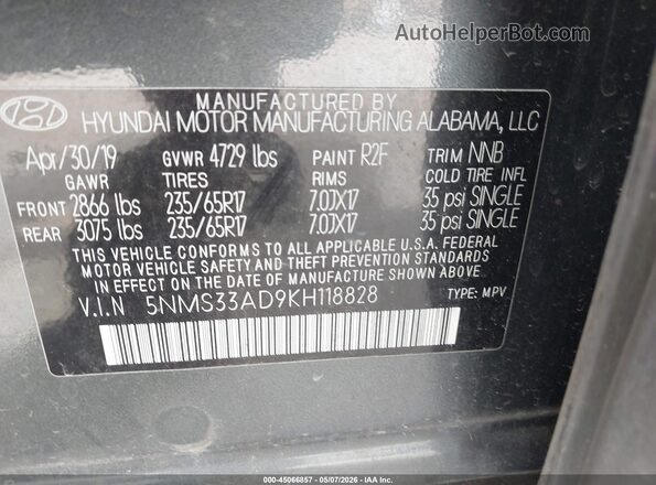 5NMS33AD9KH118828 2019 HYUNDAI SANTA FE Черный Вид подкапотного пространства