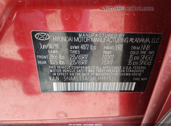 5NMS33AD9LH139521 2020 HYUNDAI SANTA FE Black Вид підкапотного простору