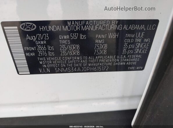 5NMS34AJ0PH615172 2023 HYUNDAI SANTA FE White Widok komory silnika