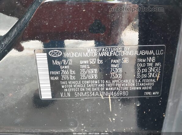 5NMS34AJ1NH466980 2022 HYUNDAI SANTA FE Black Вид підкапотного простору