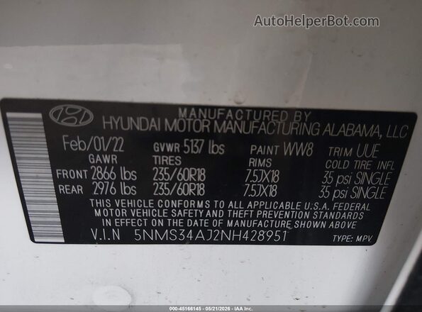 5NMS34AJ2NH428951 2022 HYUNDAI SANTA FE White ძრავის განყოფილების ხედი