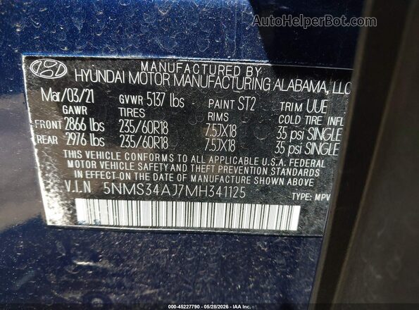 5NMS34AJ7MH341125 2021 HYUNDAI SANTA FE Blue 