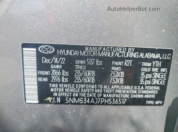 5NMS34AJ7PH536517 2023 HYUNDAI SANTA Silver Vista de la etiqueta del VIN