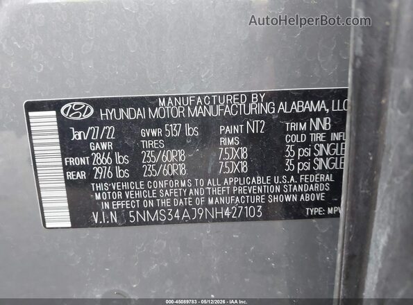 5NMS34AJ9NH427103 2022 HYUNDAI SANTA FE Серый Вид подкапотного пространства