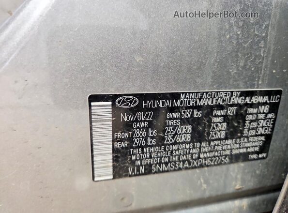 5NMS34AJXPH522756 2023 HYUNDAI SANTA Blue Vista de la etiqueta del VIN
