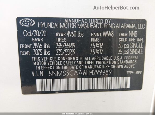 5NMS3CAA6LH299989 2020 HYUNDAI SANTA FE White 