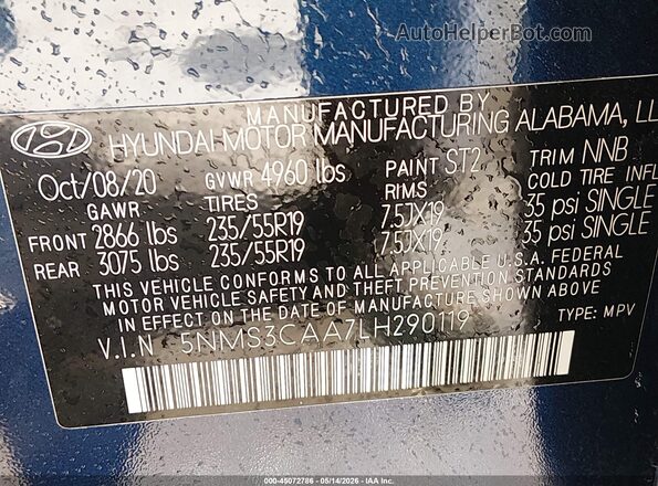 5NMS3CAA7LH290119 2020 HYUNDAI SANTA FE Blue Widok komory silnika
