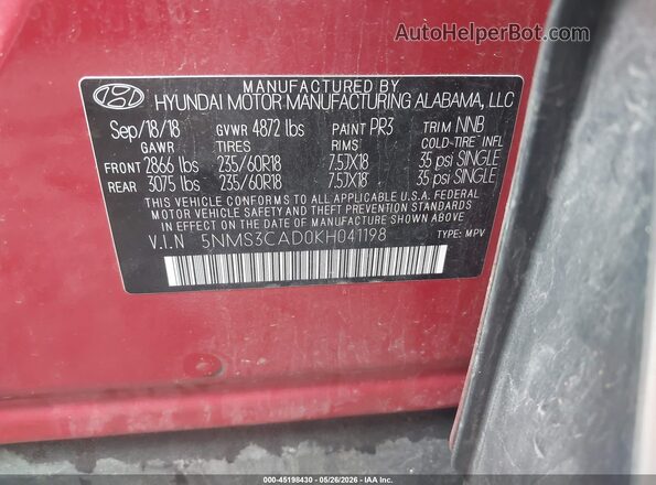 5NMS3CAD0KH041198 2019 HYUNDAI SANTA FE Красный 