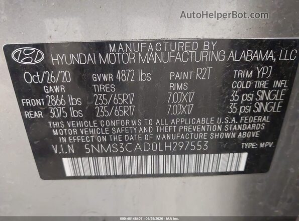 5NMS3CAD0LH297553 2020 HYUNDAI SANTA FE Gray Engine compartment view