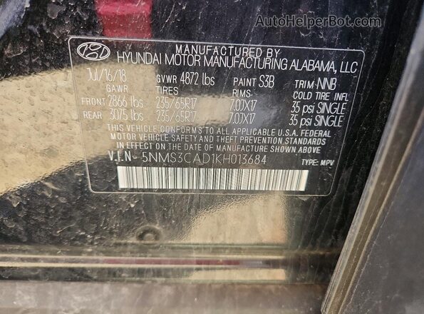 5NMS3CAD1KH013684 2019 HYUNDAI SANTA Black 