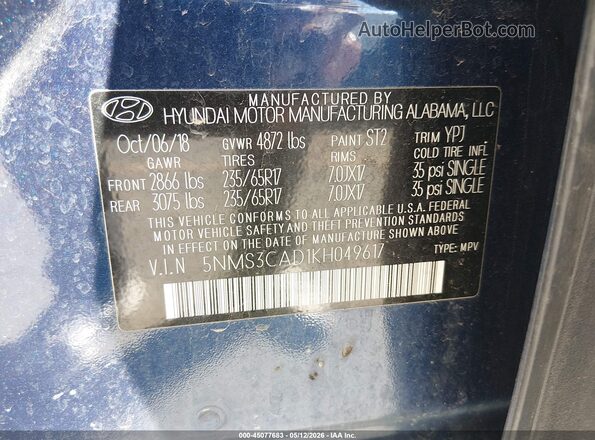 5NMS3CAD1KH049617 2019 HYUNDAI SANTA FE Синий Вид подкапотного пространства