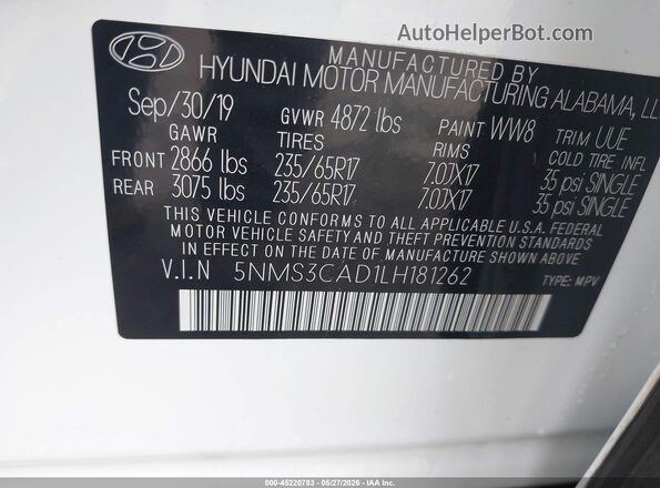 5NMS3CAD1LH181262 2020 HYUNDAI SANTA FE White Widok komory silnika