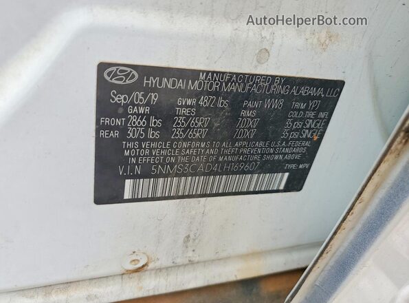 5NMS3CAD4LH169607 2020 HYUNDAI SANTA White ძრავის განყოფილების ხედი
