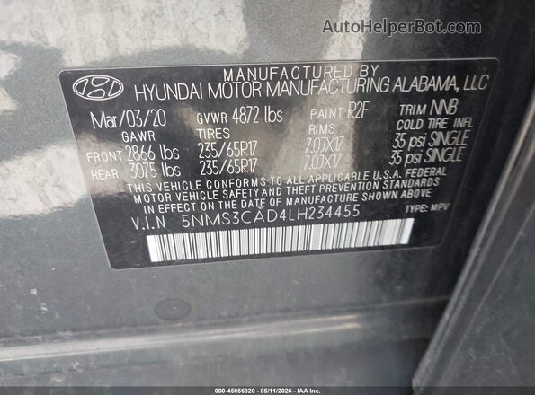 5NMS3CAD4LH234455 2020 HYUNDAI SANTA FE Серый Вид подкапотного пространства