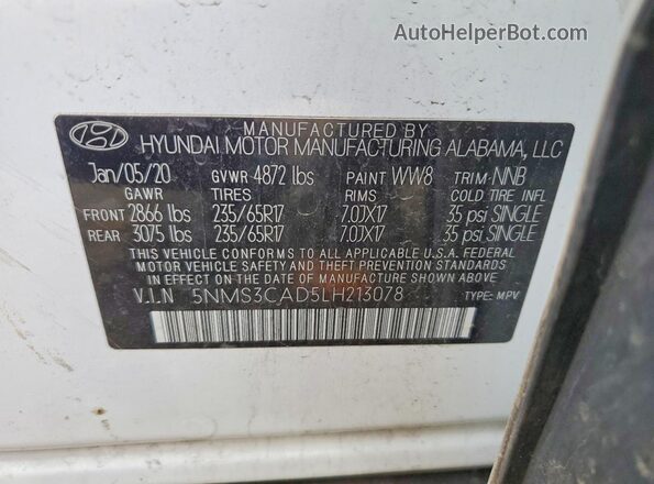 5NMS3CAD5LH213078 2020 HYUNDAI SANTA White VIN կոդի պիտակի տեսք