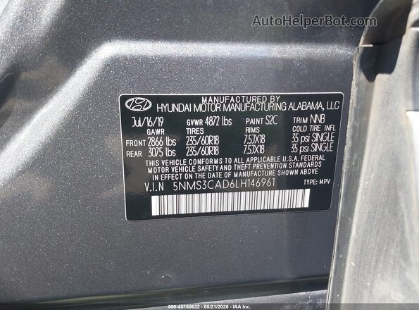 5NMS3CAD6LH146961 2020 HYUNDAI SANTA FE Gray Vista del compartimento del motor