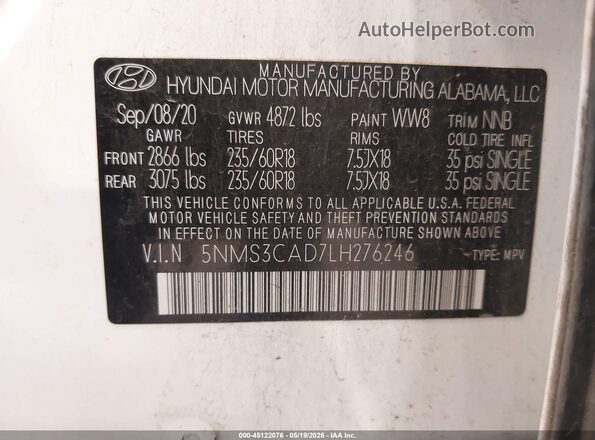 5NMS3CAD7LH276246 2020 HYUNDAI SANTA FE White Vista del compartimento del motor