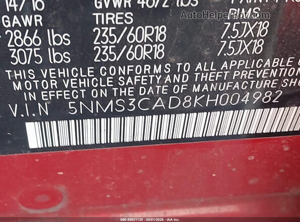 5NMS3CAD8KH004982 2019 HYUNDAI SANTA FE Red ძრავის განყოფილების ხედი
