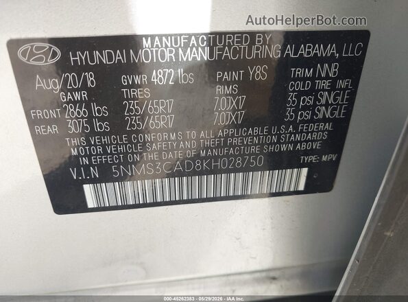 5NMS3CAD8KH028750 2019 HYUNDAI SANTA FE Silver Engine compartment view
