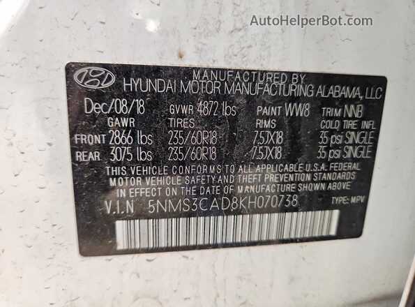 5NMS3CAD8KH070738 2019 HYUNDAI SANTA White Вид наклейки з VIN-кодом