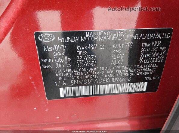 5NMS3CAD8KH096658 2019 HYUNDAI SANTA FE Orange Widok komory silnika