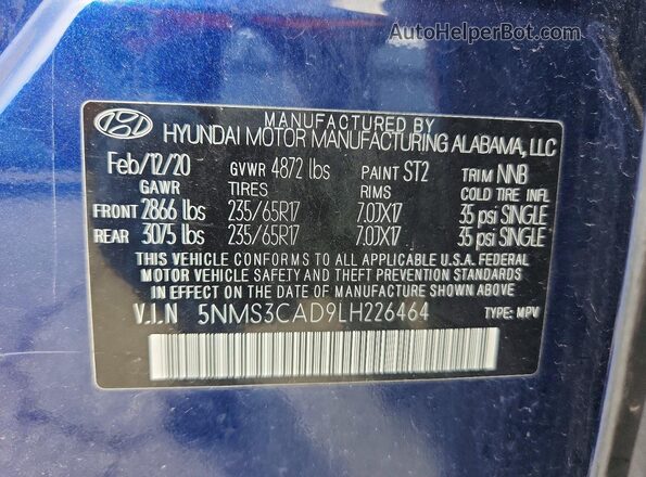 5NMS3CAD9LH226464 2020 HYUNDAI SANTA Синий Вид наклейки с VIN-кодом
