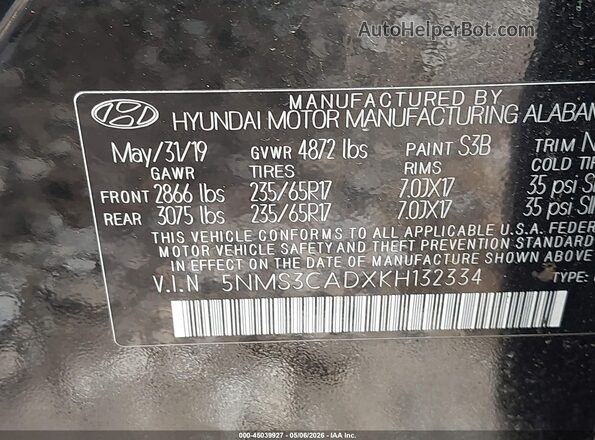 5NMS3CADXKH132334 2019 HYUNDAI SANTA FE Black Вид підкапотного простору