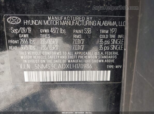 5NMS3CADXLH170986 2020 HYUNDAI SANTA FE Black Vista del compartimento del motor