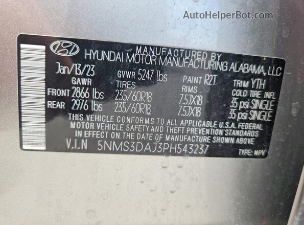 5NMS3DAJ3PH543237 2023 HYUNDAI SANTA Silver 