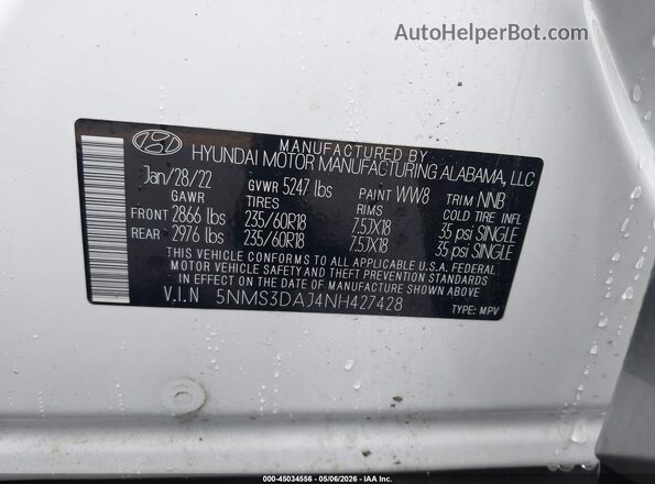 5NMS3DAJ4NH427428 2022 HYUNDAI SANTA FE White Շարժիչի բաժամունքի տեսք