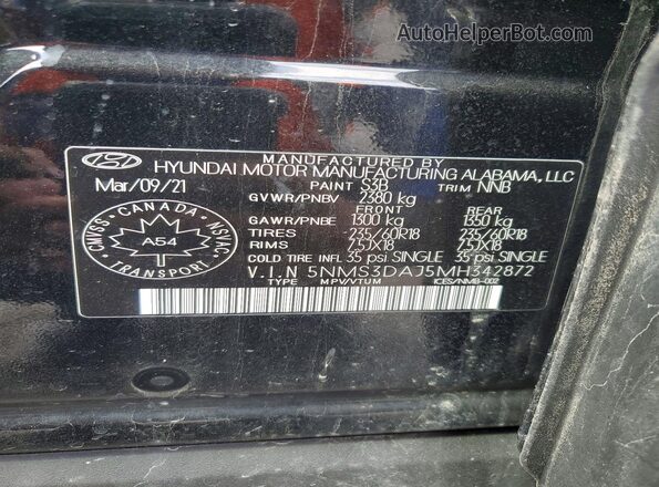 5NMS3DAJ5MH342872 2021 HYUNDAI SANTA Black Widok naklejki z numerem VIN