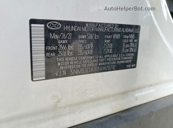 5NMS3DAJ7NH470712 2022 HYUNDAI SANTA White 