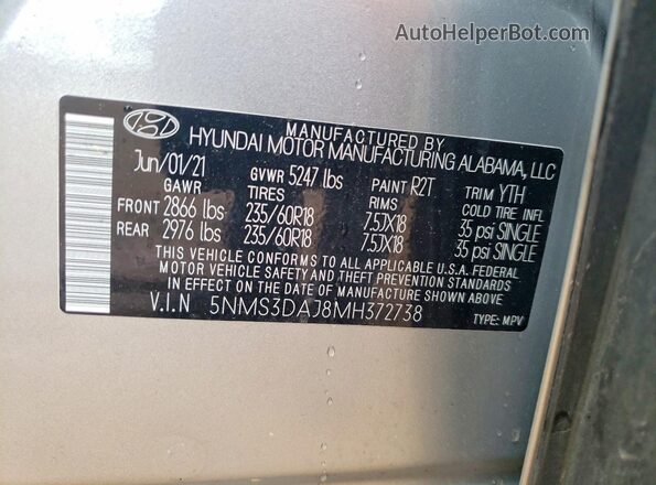 5NMS3DAJ8MH372738 2021 HYUNDAI SANTA Silver VIN კოდის სტიკერის ხედი