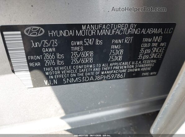 5NMS3DAJ8PH597861 2023 HYUNDAI SANTA FE Silver 