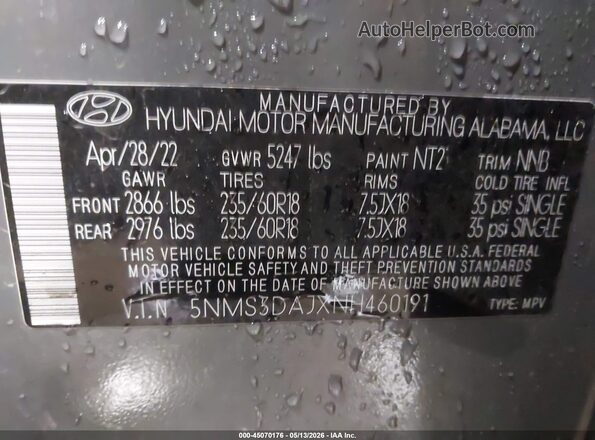 5NMS3DAJXNH460191 2022 HYUNDAI SANTA FE Gray Vista del compartimento del motor