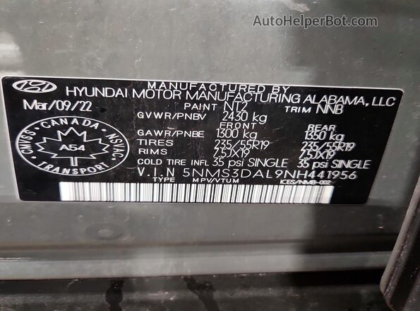 5NMS3DAL9NH441956 2022 HYUNDAI SANTA Gray VIN կոդի պիտակի տեսք